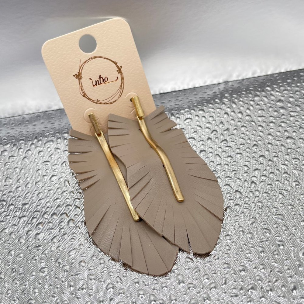 New! Leather Leaf Fringe Drop Earrings in Taupe - Picture 2 of 4